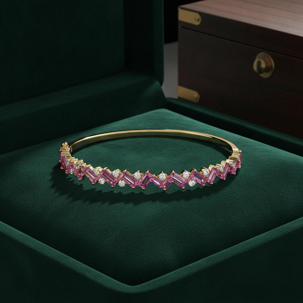 BNG68665PS. 14K Yellow Gold Baguette-Cut Pink Sapphire & Diamond Bangle