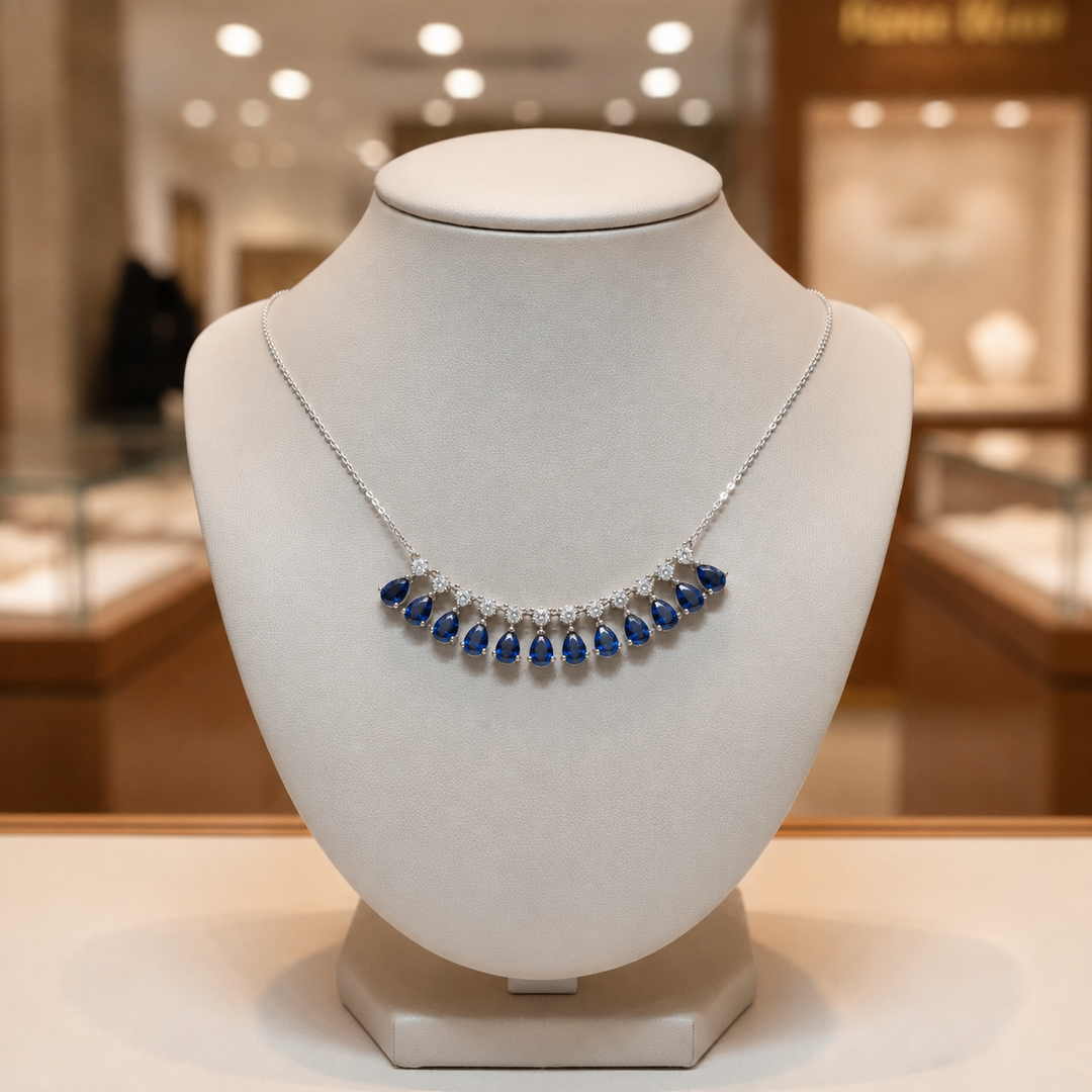 CN97255BS6X4. 14K Solid White Gold Blue Sapphire and Diamond Drops Necklace