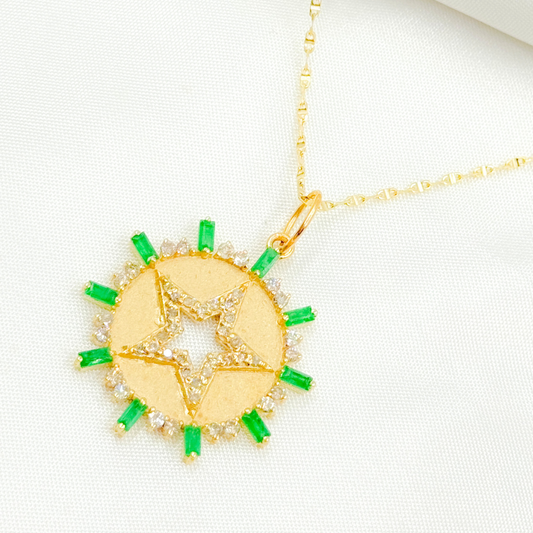 GDP622. 14K Solid Gold Diamond Circle Charm with Star in the Center with Gemstones