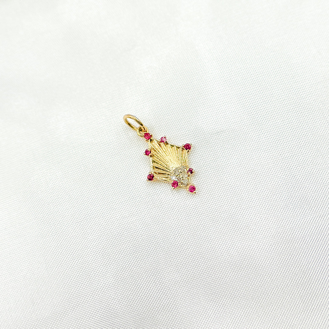 14K Solid Gold Diamond Shape Charm with Diamonds and Gemstones. KG193