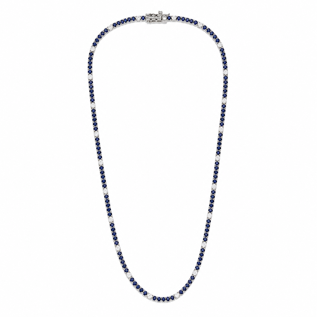 CN97385BS2. 14K Solid White Gold Diamond and Blue Sapphire Tennis Necklace