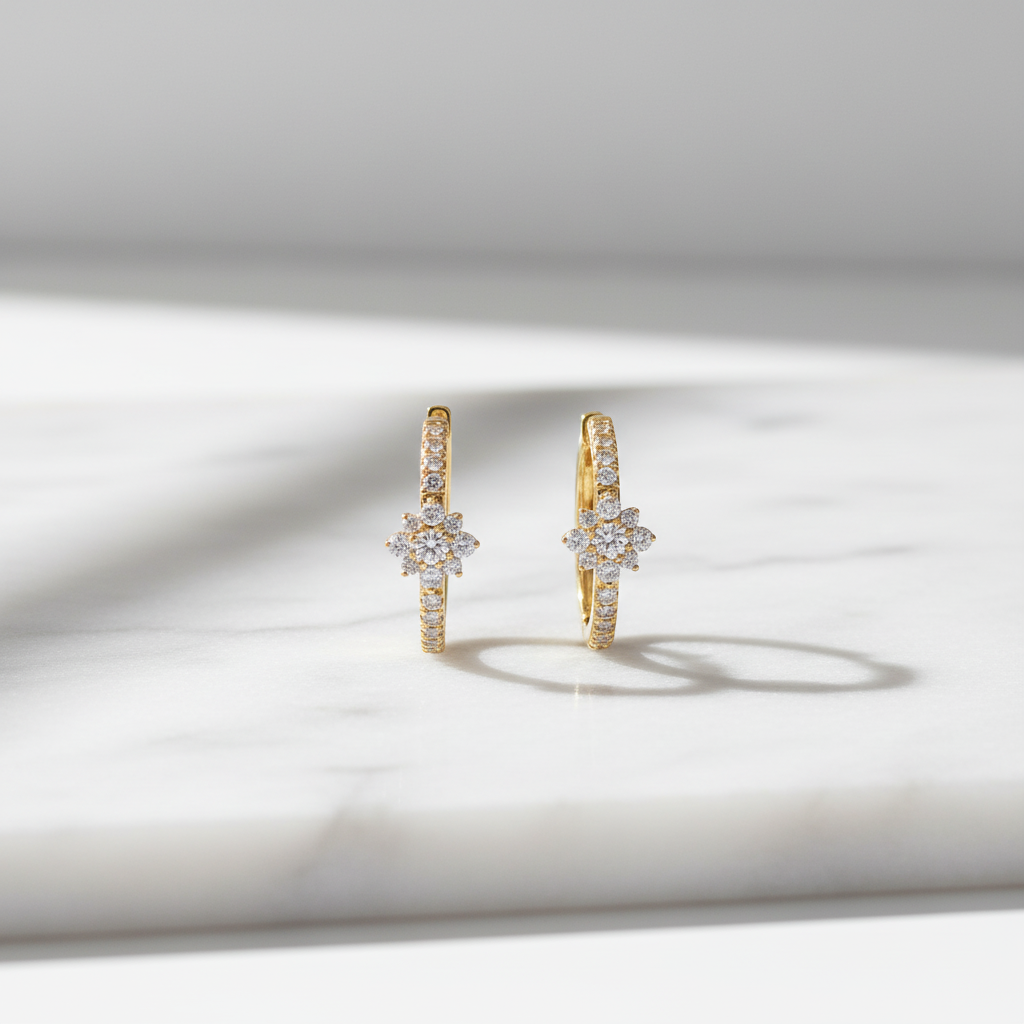 EHF57627. 14K Solid Yellow Gold Diamond Flower Hoop Earrings