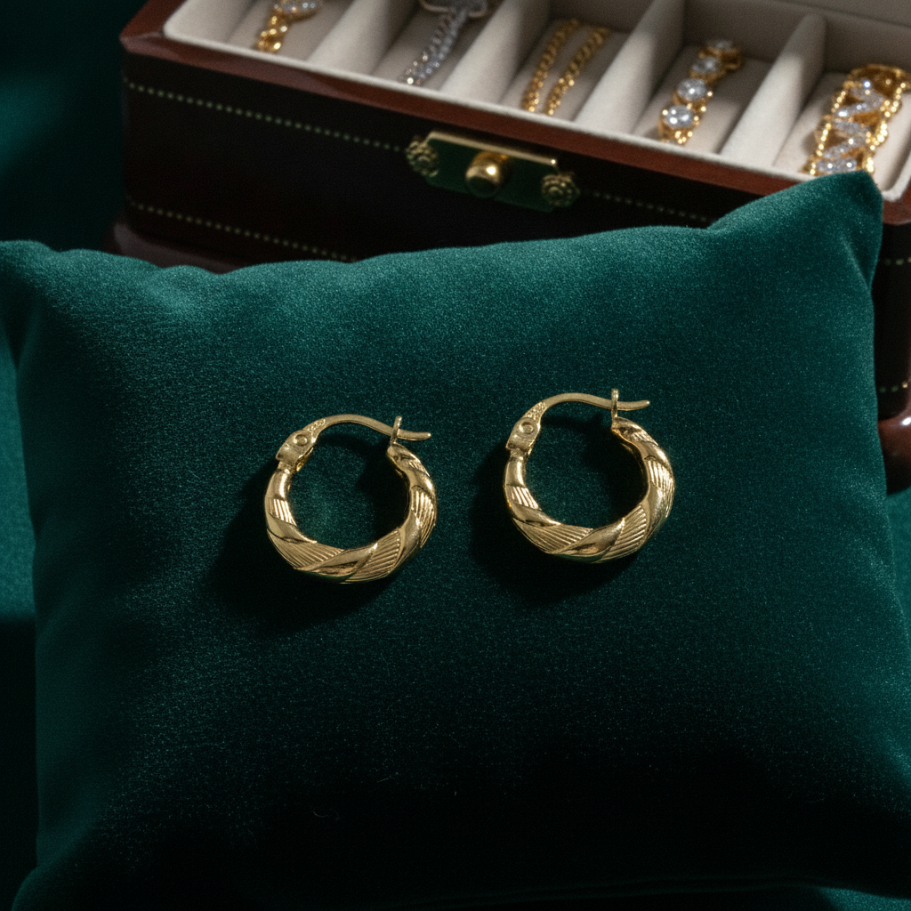 GER134. 14K Gold Twisted Hollow Hoop Earrings