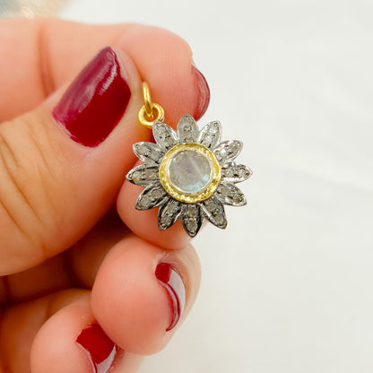 DC407. Diamond Sterling Silver Flower Pendant with Gemstone