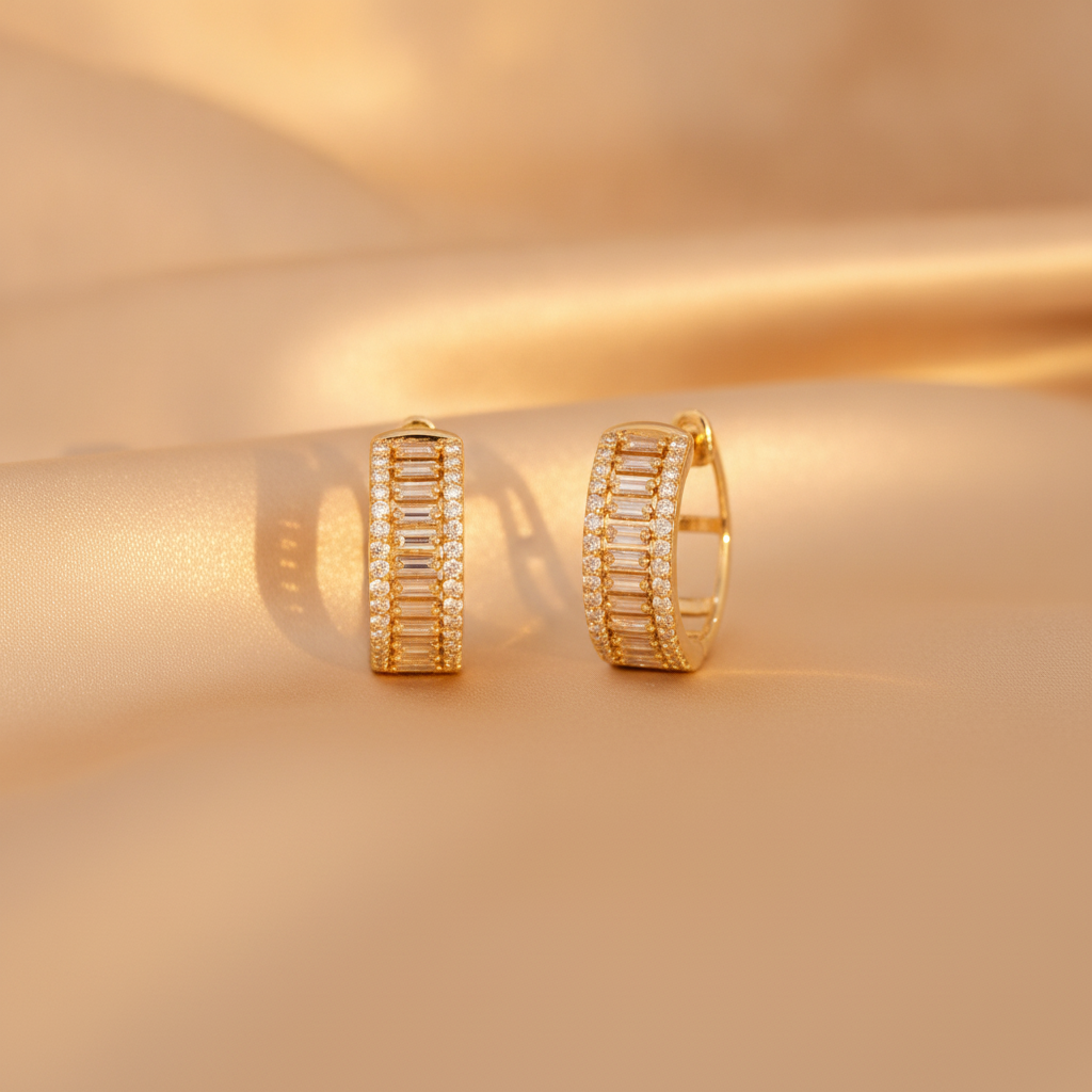 EHH57405. 14K Solid Gold Baguette Diamond Round Hoop