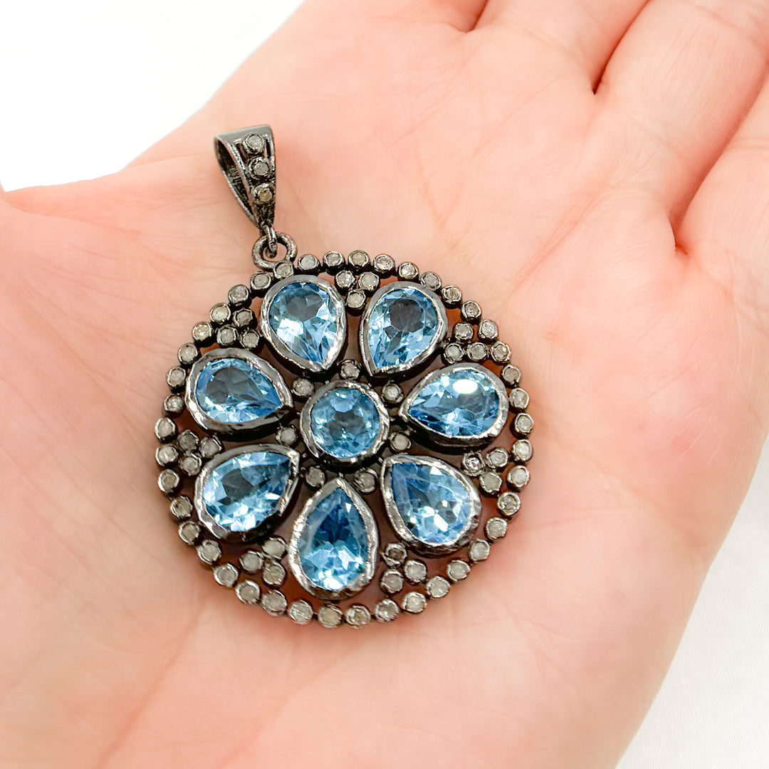 DSP016. Diamond Sterling Silver Round Flower Pendant with Gemstone