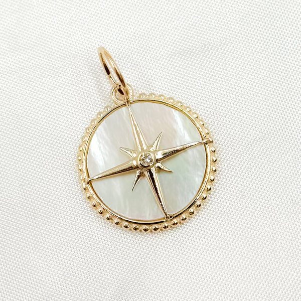 14K Solid Gold Diamond Round Star Stone Pendant