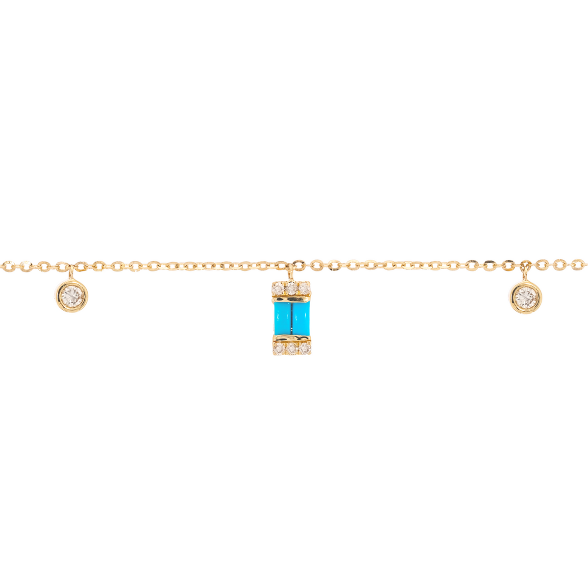 BFE60932TQ. 14K Solid Gold Diamond and Turquoise Dangle Rectangles and Circles Bracelet