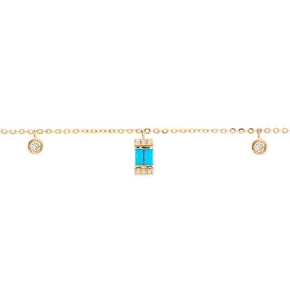 BFE60932TQ. 14K Solid Gold Diamond and Turquoise Dangle Rectangles and Circles Bracelet