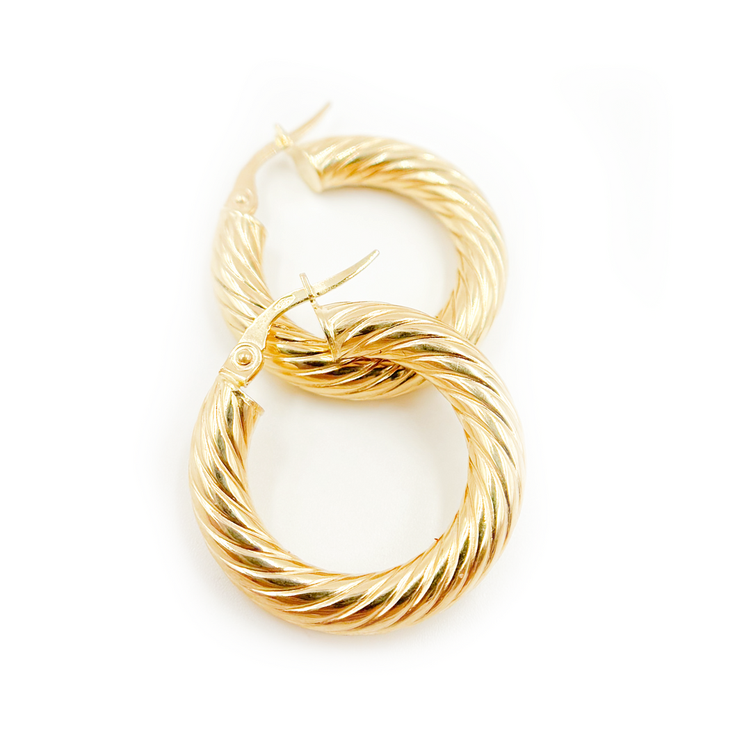 15850018594. 14K Solid Gold Twisted Round Hollow Hoop Earrings