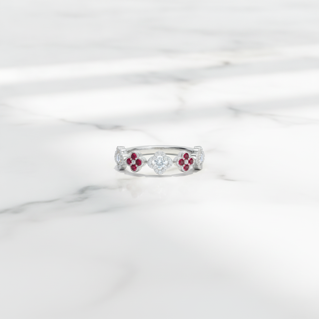 RAE02561. 14K Solid Gold Diamond and Gemstone Flower Ring