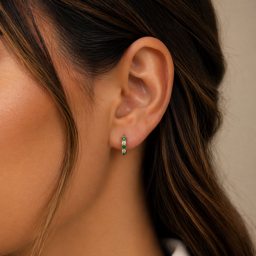 EHG56555. 14k Solid Gold Gemstone and Diamond Hoops