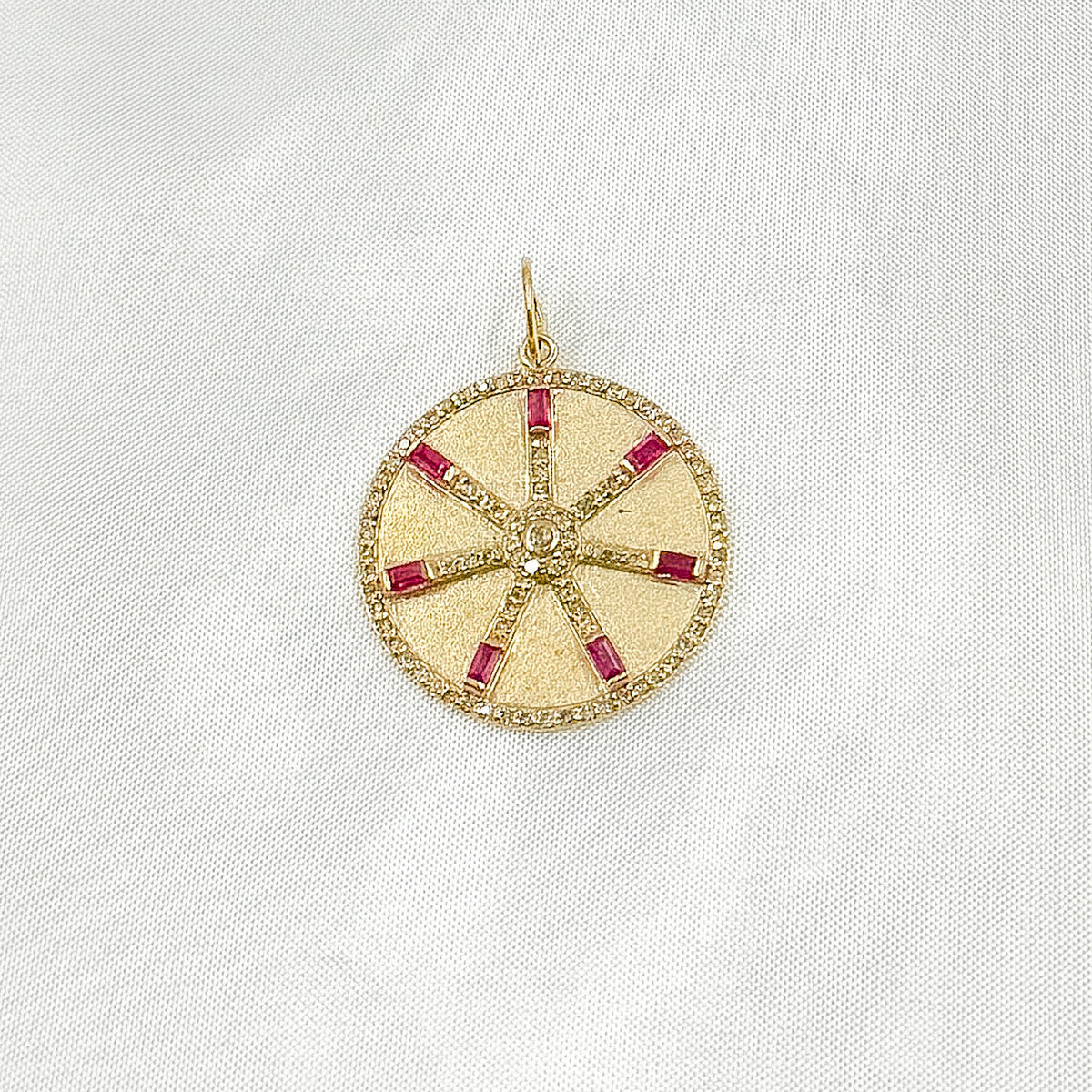 14K Solid Gold Diamonds Circle Charm with Lines and Gemstones. GDP567