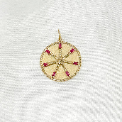 14K Solid Gold Diamonds Circle Charm with Lines and Gemstones. GDP567