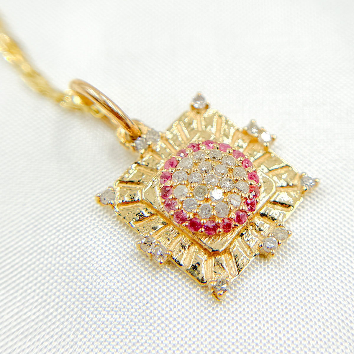 KG191. 14K Solid Gold Diamond and Ruby Square Charm
