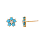 Load image into Gallery viewer, 14K Solid Yellow Gold Diamond and Turquoise Flower Stud Earrings
