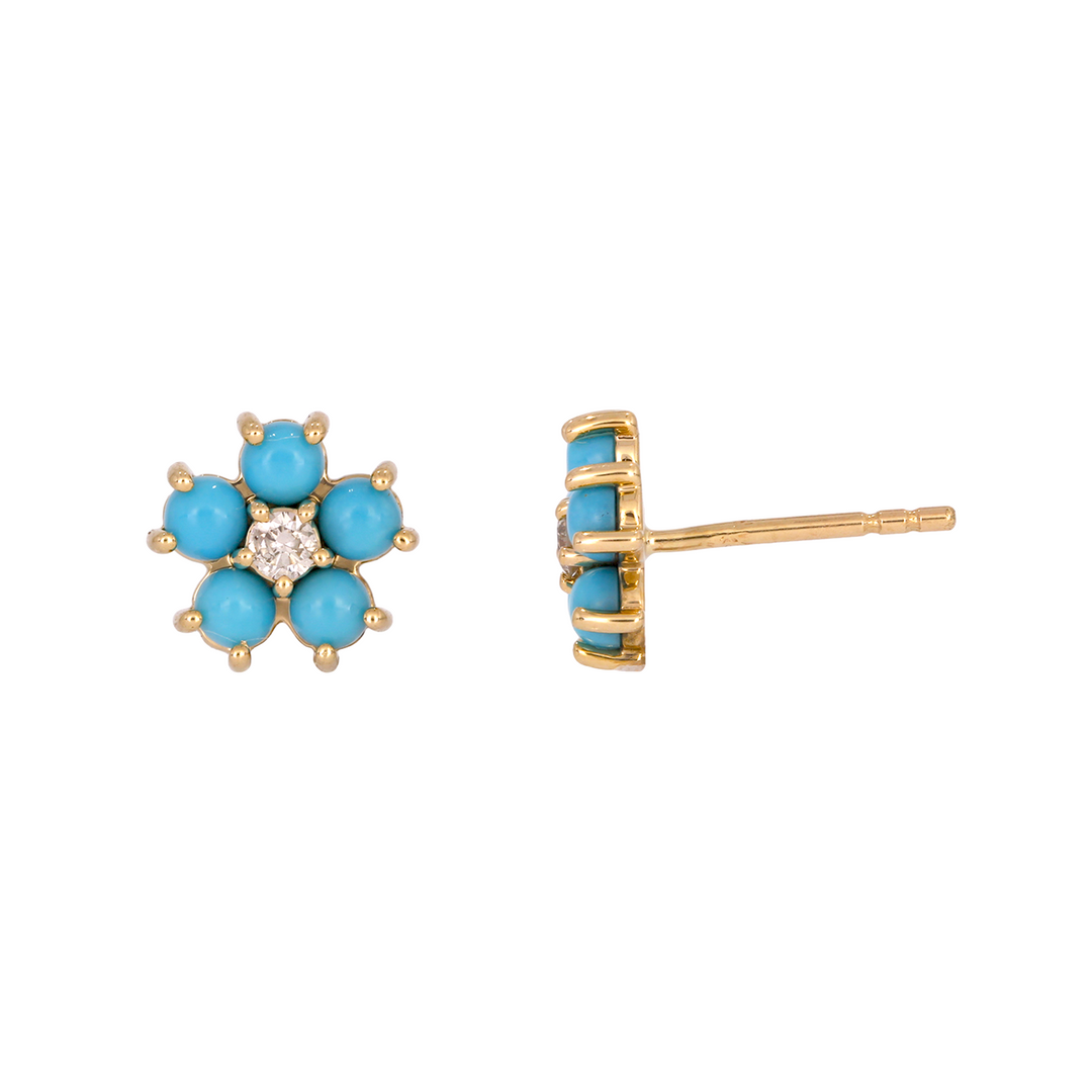 14K Solid Yellow Gold Diamond and Turquoise Flower Stud Earrings