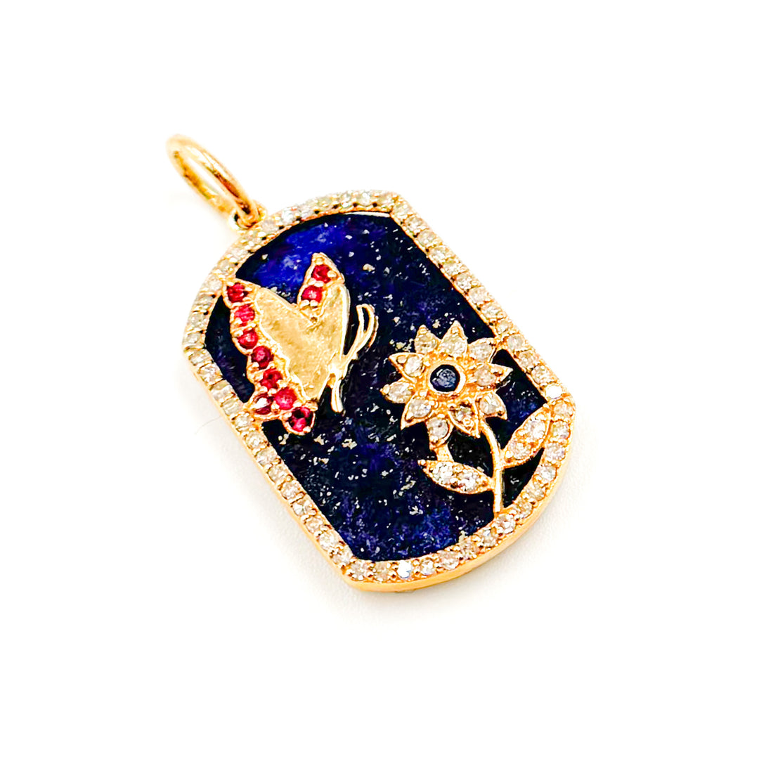 14K Solid Gold Plaque Butterfly and Flower Pendant
