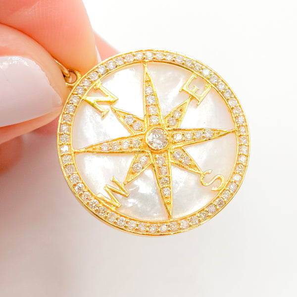 14K Solid Gold Round Compass Pendant