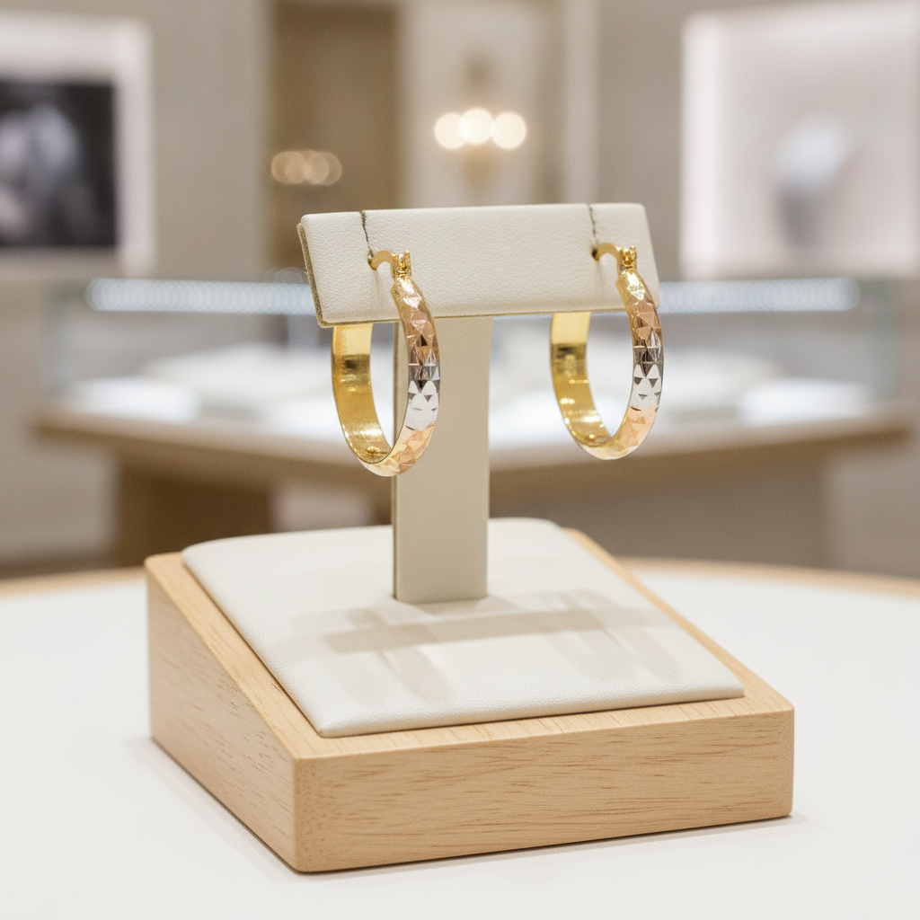 GER62. 14K Gold Diamond Cut Tri-Color Hoop Earrings