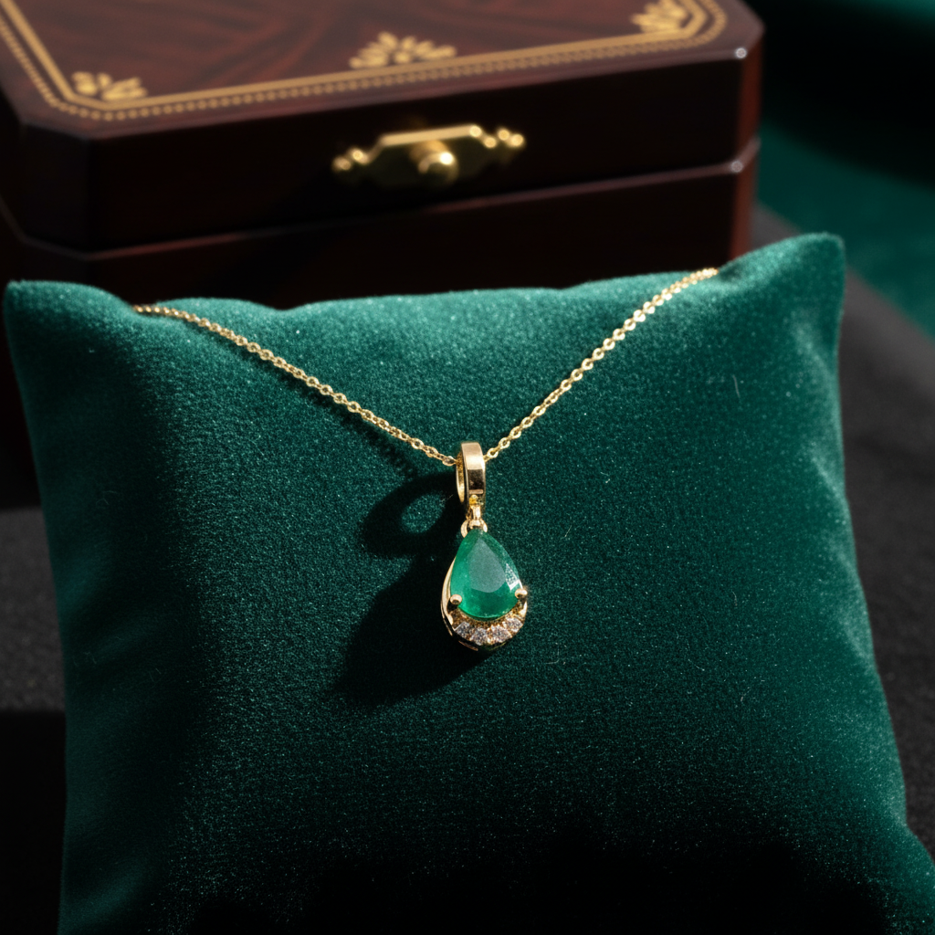 CMA00343EM. 14K Solid Gold Drop-Shaped Emerald and Diamond Charm