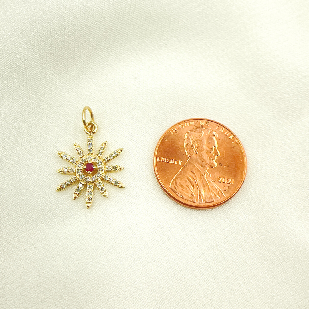 14K Solid Gold Sun Pendant with Diamonds & Gemstone (Available in Ruby, Blue Sapphire). GDP360