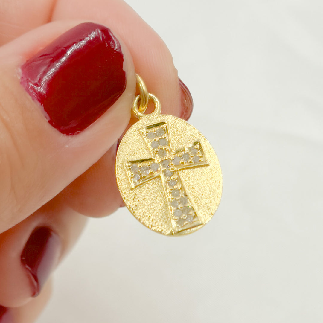 DC305. Pave Diamond & 925 Sterling Silver Black Rhodium and Gold Plated Oval Cross Charm.