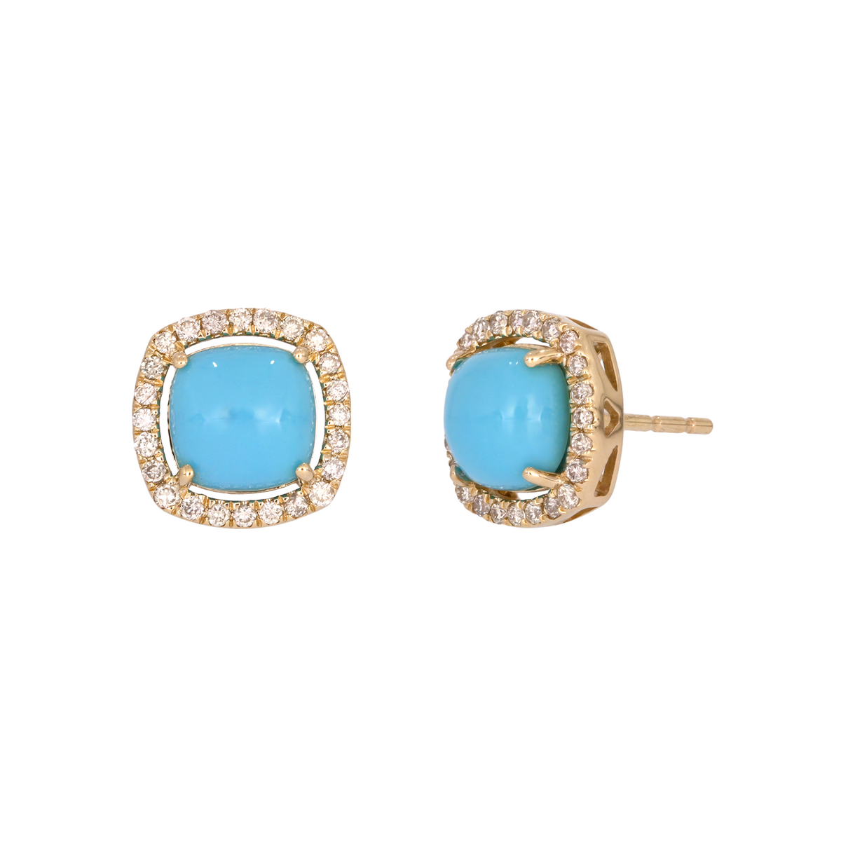 14K Solid Gold Diamonds and Turquoise Square Stud Earrings