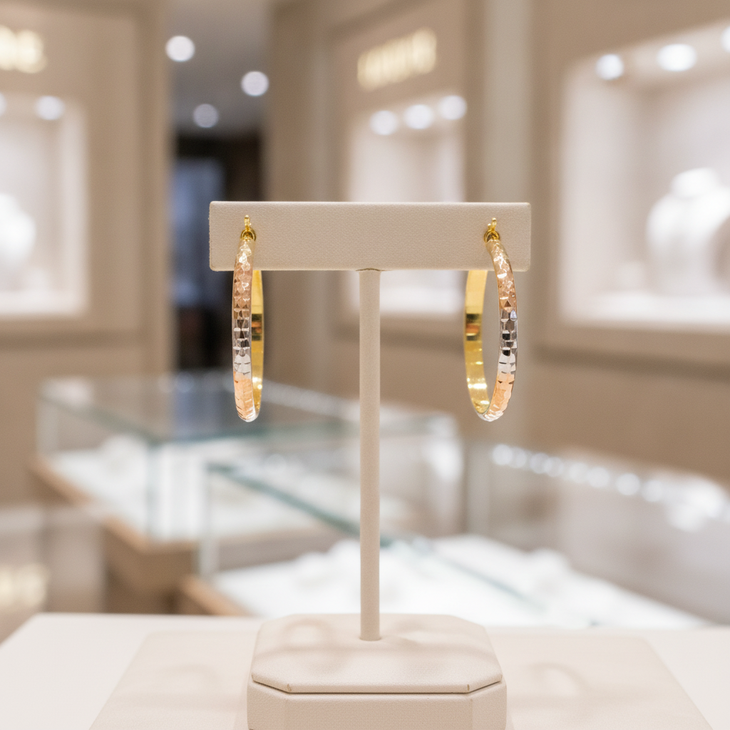 GER75. 14K Gold Diamond Cut Tri-Color Hollow Hoop Earrings
