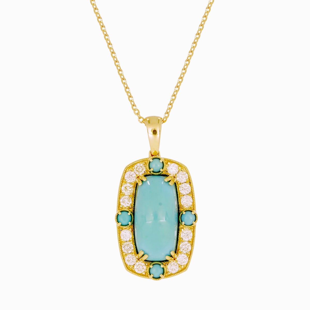 CP97140TQ15X7.5. 14k Solid Gold Diamond and Turquoise Fancy Rectangle Necklace