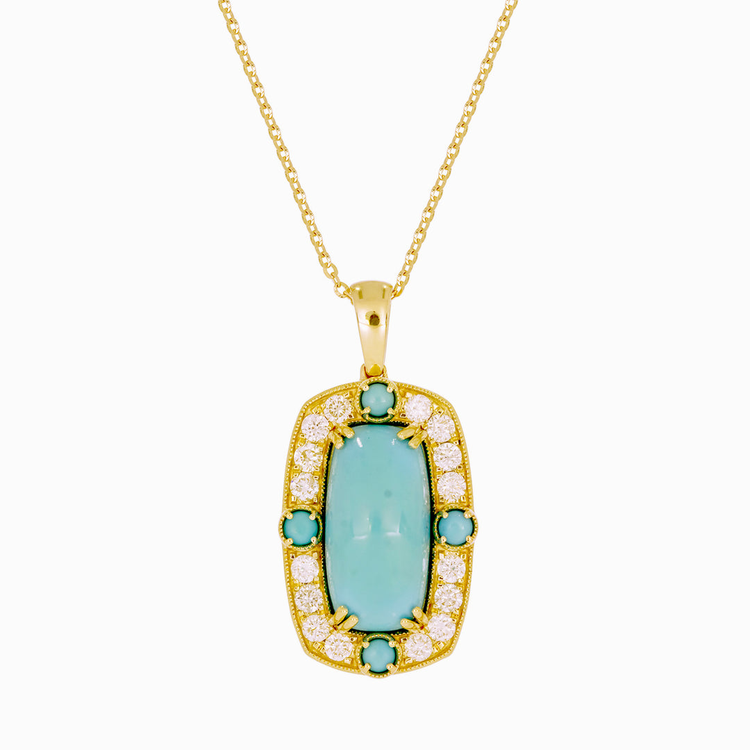 CP97140TQ15X7.5. 14k Solid Gold Diamond and Turquoise Fancy Rectangle Necklace