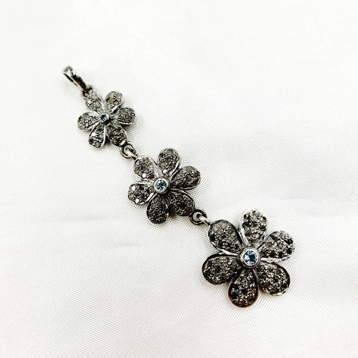 DP216. Diamond Sterling Silver 3 Flower Long Pendant with Gemstone.