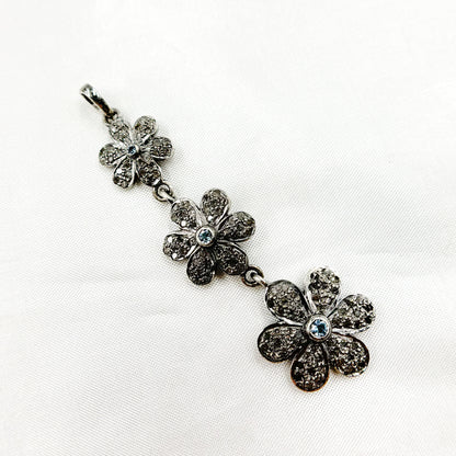 DP216. Diamond Sterling Silver 3 Flower Long Pendant with Gemstone.