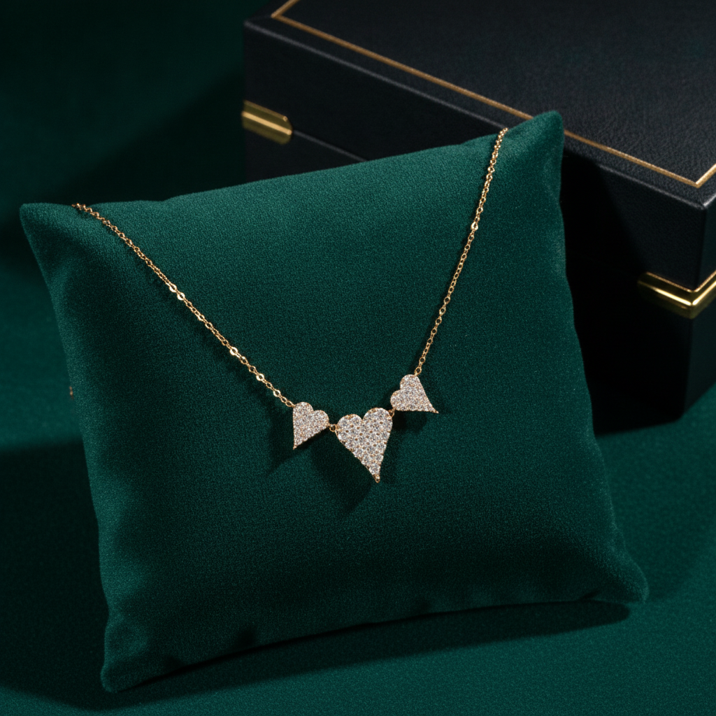 NT402973. 14K Solid Gold 3 Hearts Dainty Tiny Necklace