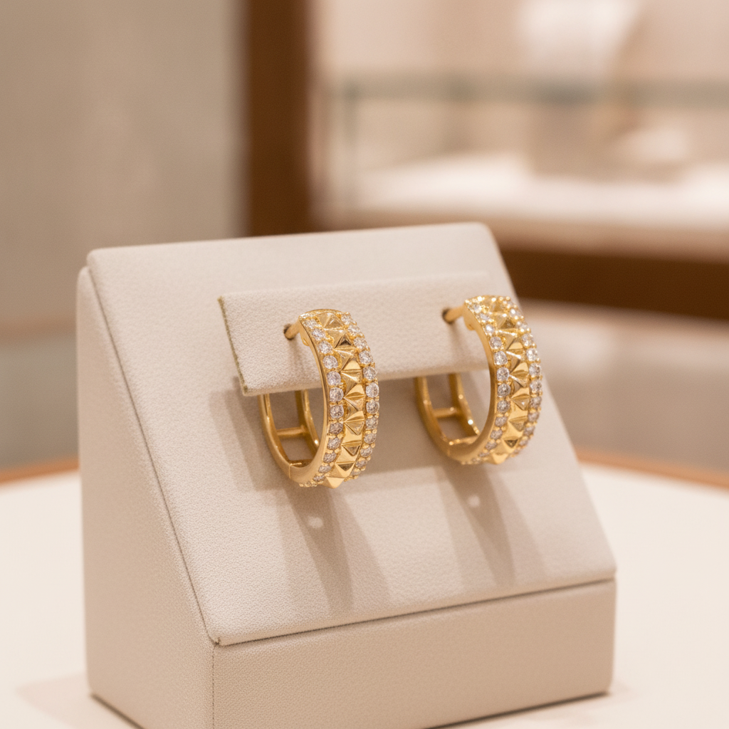 EHF57387. 14K Solid Yellow Gold Diamond Hoop Earrings