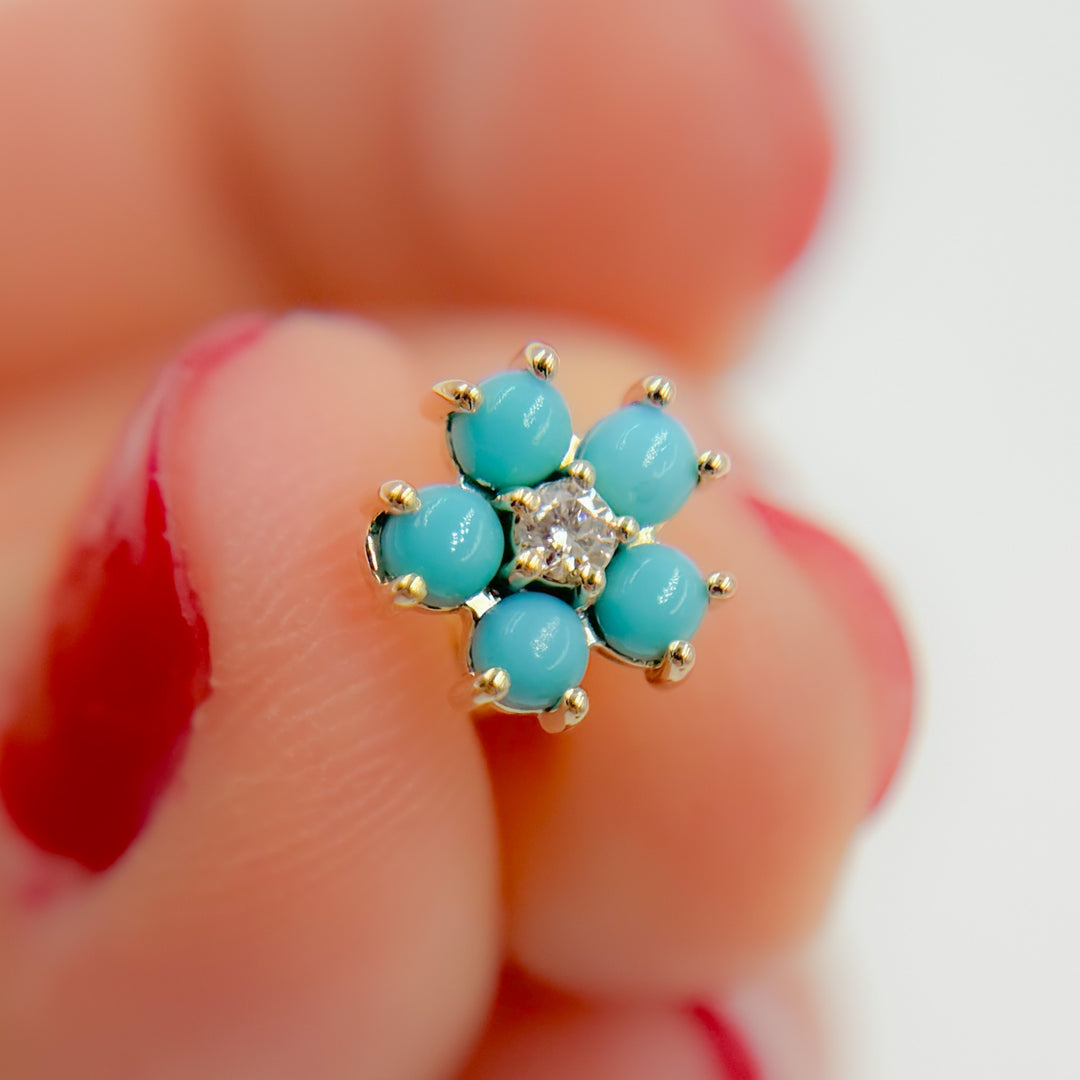 Shop 14K Solid Yellow Gold Diamond and Turquoise Flower Stud Earring