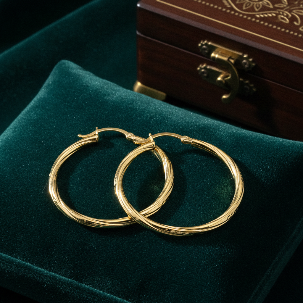 GER173. 14K Gold Hollow Hoop Earrings with Engraved Tornado Design