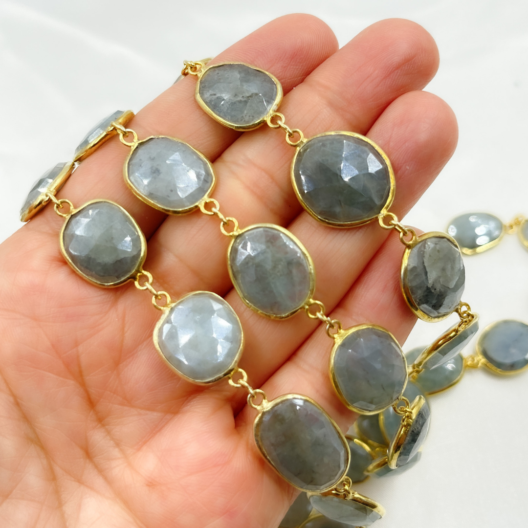 AQU10. Coated Aquamarine Organic Shape Bezel Gold Plated Wire Chain