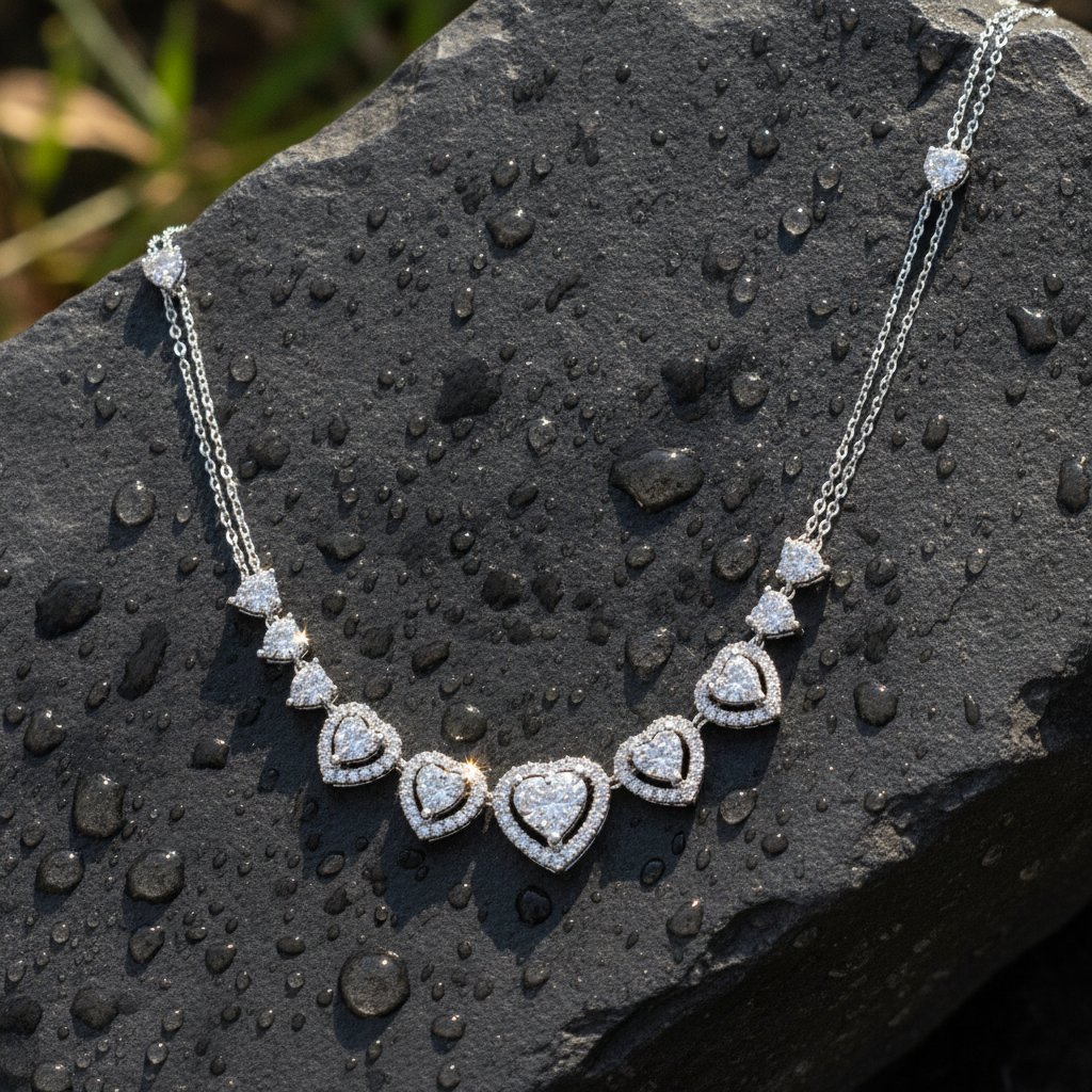 NK113052. 14K Solid White Gold Diamond Hearts Necklace
