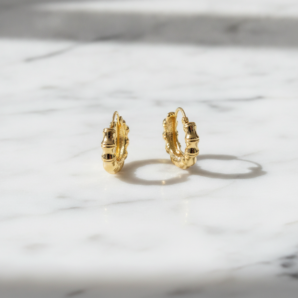 GER145. 14K Hollow Gold Textured Hoop Earrings