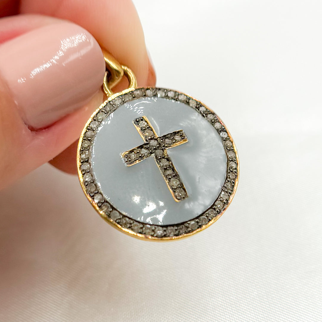 DC548A. Diamond Sterling Silver Round Cross Enamel Pendant