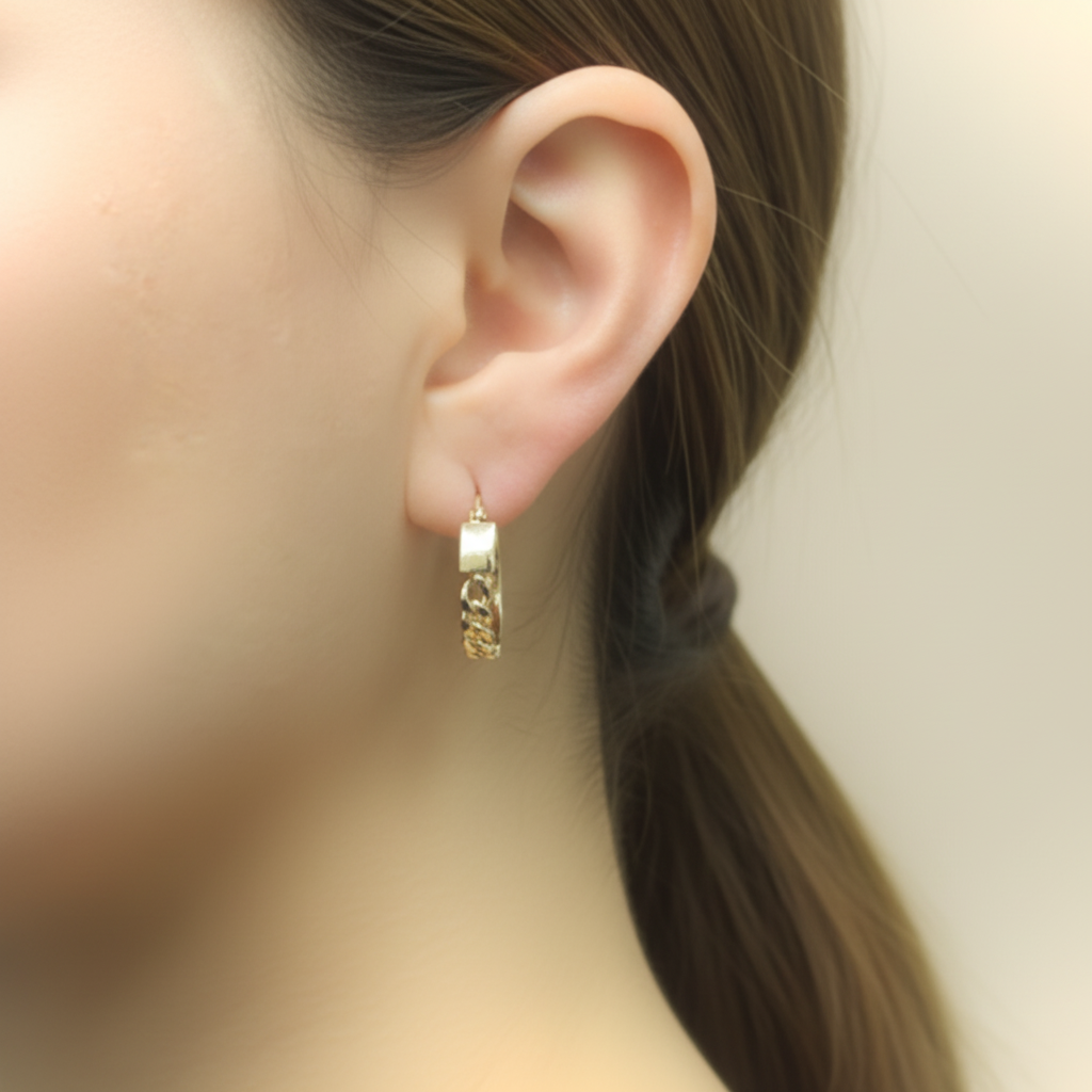 GER108. 14K Solid Gold Hollow Hoop with Flat and Curb section