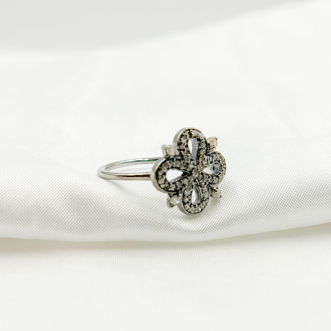 DE015. Diamond Black Rhodium Sterling Silver Flower Ring