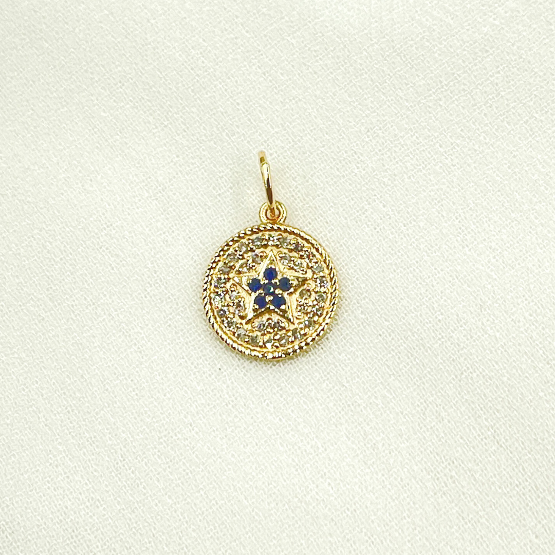 14K Solid Gold Diamond and Gemstone Star Circle Charm. GDP366