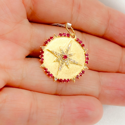 GDP558. 14K Solid Gold Diamond Circle Shape Charm with Star in the Center in Gemstones