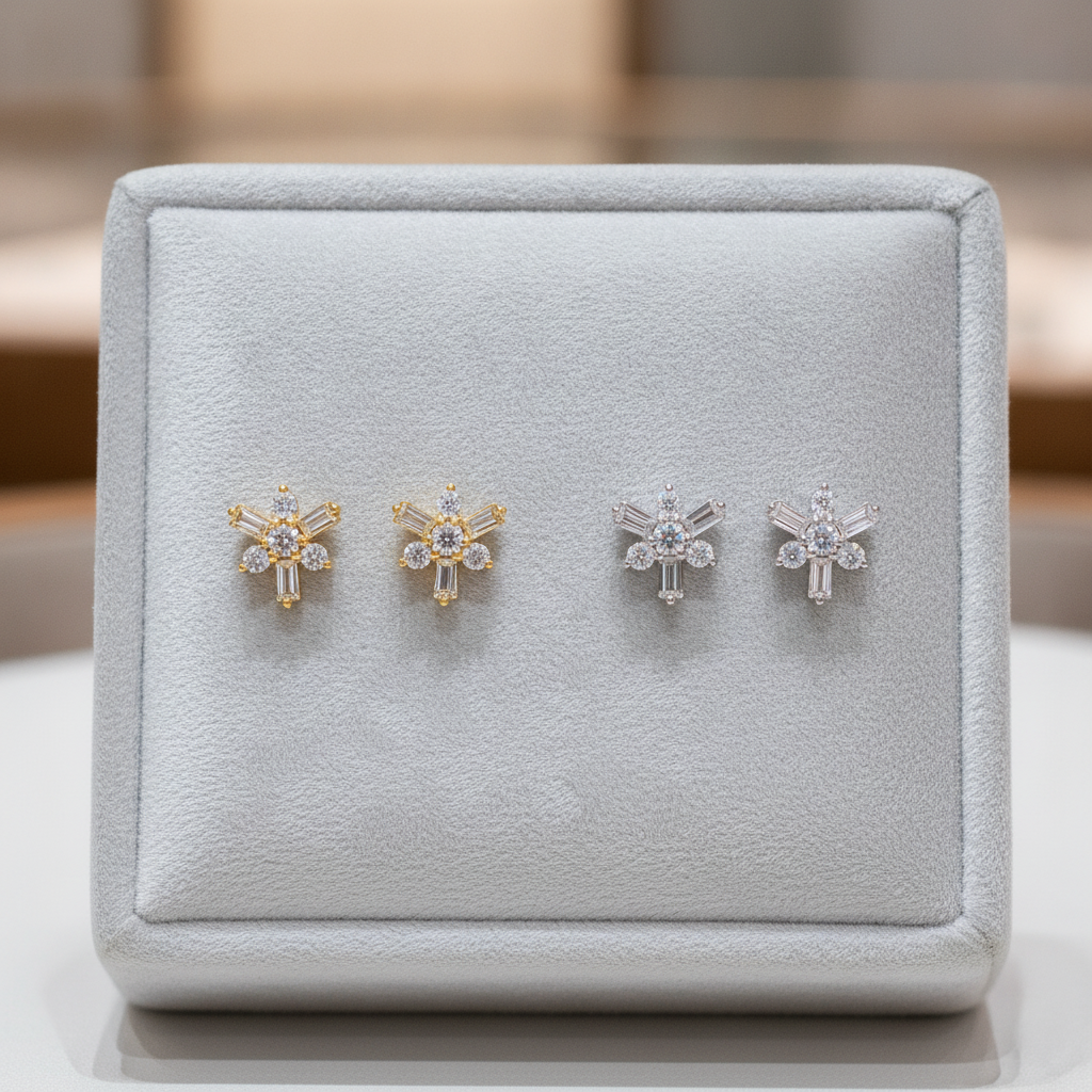 EFF53682. 14K Solid White Gold Diamond Flower Stud Earrings
