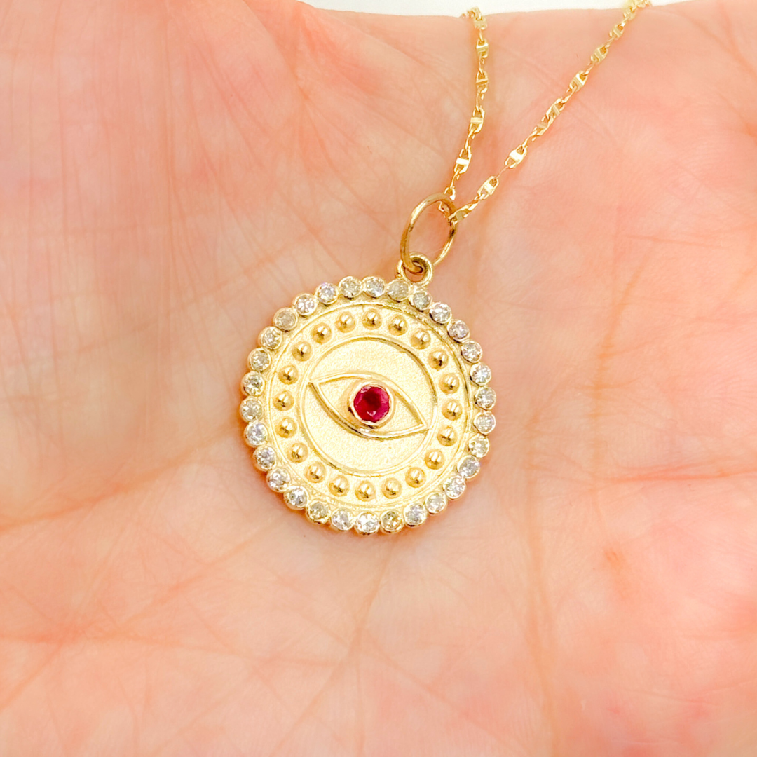 14K Solid Gold Diamond Evil Eye Circle Charm. GDP436