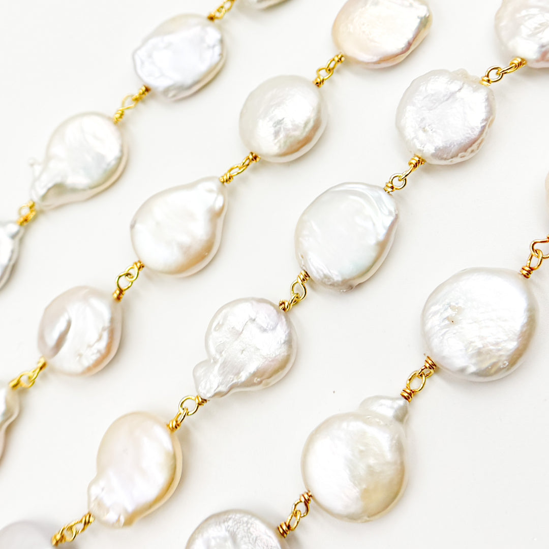 Coin Shape Freshwater Pearl with Gold Plated Sterling Silver Chains