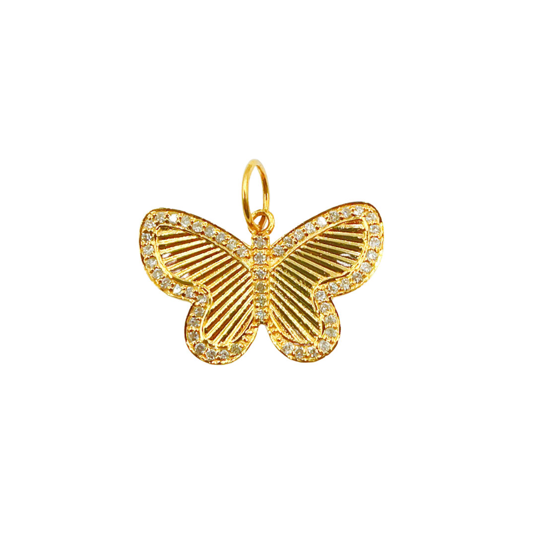 14K Solid Gold Charm. Butterfly Pendant with Diamonds. GDP191