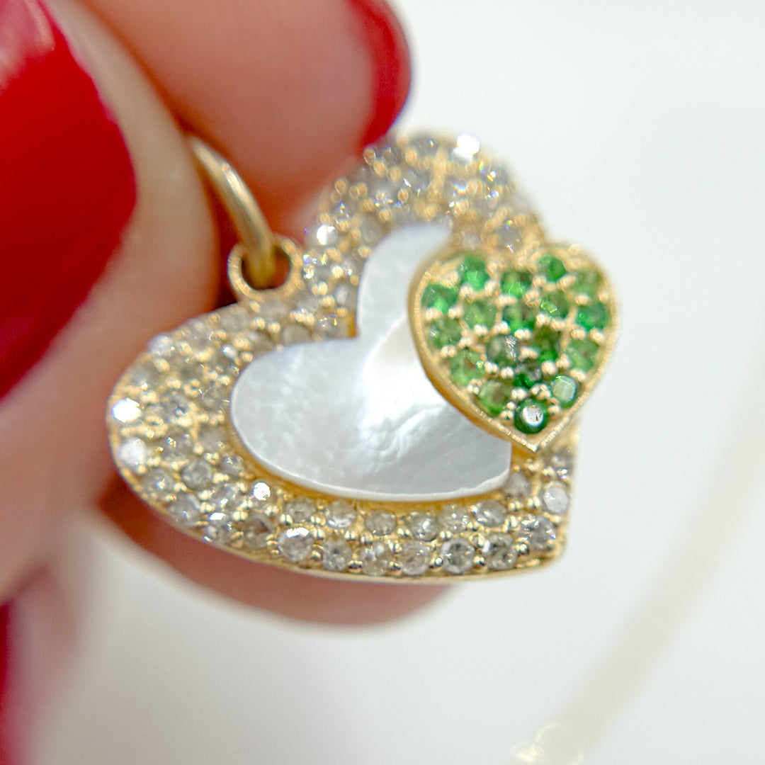 14K Solid Gold Mother of Pearl and Gemstone (Emerald or Blue Sapphire) Diamond Heart Charm. KG243